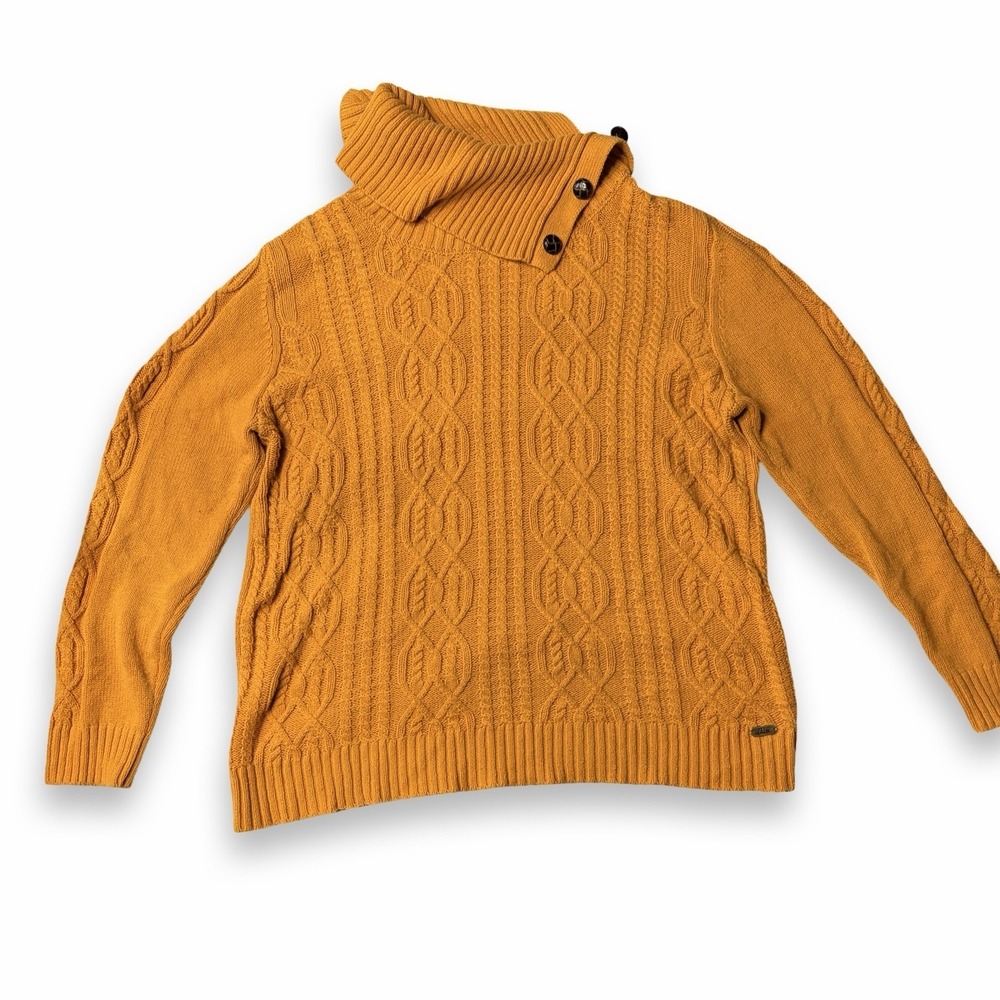 Bass Mustard Cable-Knit Button-Turtleneck Sweater
